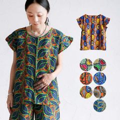 トップス カットソー エスニック トップス カンガ アフリカン アフリカ フレア袖 フリル袖 デザイン袖 袖コンシャス 半袖 ファッション レディース カジュアル プルオーバー アジアン 民族 衣装 幾何学 ボタニカル フラワー 花柄 リーフ コットン 春 夏