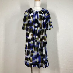 【セシカ】ワンピース C'EST CHIC'A　ネイビー　40　L　総柄　アブストラクト柄　抽象柄 シャーリング　シアー　タック　ひざ丈 丸首