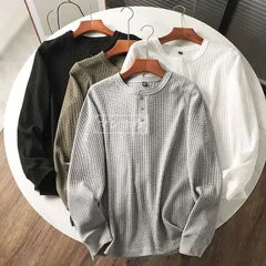 長袖Tシャツ メンズ Tシャツ 長袖 ヘンリーネックトップス ワッフル生地 薄手 ワッフルシャツ ワッフル 無地 ロングスリーブTシャツ 春 秋 お洒落 カジュアル おしゃれ インナー 新作