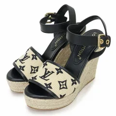 ルイ ヴィトン スターボード ライン モノグラム 刺繍 ウェッジソール サンダル 靴 #36.5 23.5cm カーフスキン レザー コットン ベージュ ナチュラル ブラック ゴールド金具 1ABT1N LOUIS VUITTON（未使用保管品）