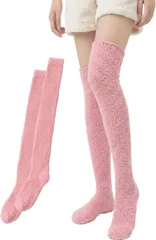 TOMOTHY モコモコ靴下 ロング 無地 レディース ニーハイソックス あったか靴下 ルームソックス 冬用 (ピンク,  Free Size)