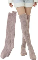 TOMOTHY モコモコ靴下 ロング 無地 レディース ニーハイソックス あったか靴下 ルームソックス 冬用 (モカベージュ,  Free Size)