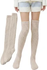 TOMOTHY モコモコ靴下 ロング 無地 レディース ニーハイソックス あったか靴下 ルームソックス 冬用 (ベージュ,  Free Size)