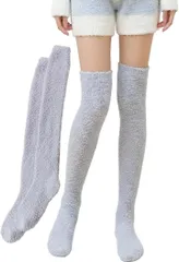TOMOTHY モコモコ靴下 ロング 無地 レディース ニーハイソックス あったか靴下 ルームソックス 冬用 (ライトグレー,  Free Size)