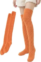 TOMOTHY モコモコ靴下 ロング 無地 レディース ニーハイソックス あったか靴下 ルームソックス 冬用 (オレンジ,  Free Size)