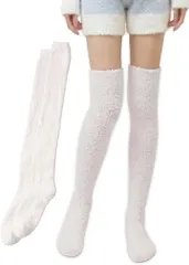 TOMOTHY モコモコ靴下 ロング 無地 レディース ニーハイソックス あったか靴下 ルームソックス 冬用 (ホワイト,  Free Size)
