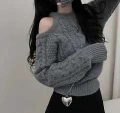 片方オフショルダー スリット ケーブル編み アシンメトリー ニット グレー