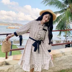 ＜在庫処分＞レディース ワンピース 早春 チェック柄 7分袖 フレンチレトロ フリーサイズ  bu1