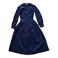  Laura Ashley ローラアシュレイ コーデュロイ長袖プリーツワンピース ネイビー くるみボタン　レディース UK10【Z1743】