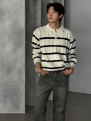 メンズ ケーブル ボーダー柄 ハーフジップアップニット