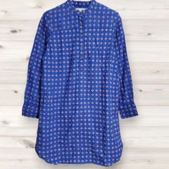 B1340 ユニクロ UNIQLO 長袖シャツ 七分袖 (S) 青 総柄 柄もの ノーカラー