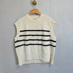 レディース アイボリー ブラック ストライプ ニット ベスト F