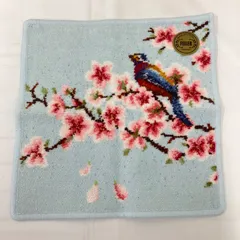 7457　FEILER フェイラー ハンカチ　シュニール織り　水色系 寒色系　花柄　桜　鳥　春　レディース　タオルハンカチ　シール付き　シンプル　きれいめ　上品