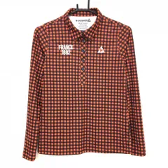 【超美品】ルコックゴルフ 長袖ポロシャツ オレンジ×ネイビー チェック柄 ロゴ刺しゅう  レディース L ゴルフウェア le coq sportif