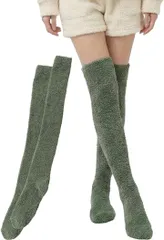 TOMOTHY モコモコ靴下 ロング 無地 レディース ニーハイソックス あったか靴下 ルームソックス 冬用 (カーキグリーン,  Free Size)