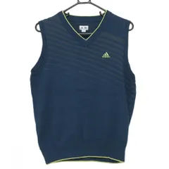 アディダス ニットベスト ブルーネイビー×ライトグリーン 一部斜めストライプ Vネック ウール混  メンズ L/G ゴルフウェア adidas