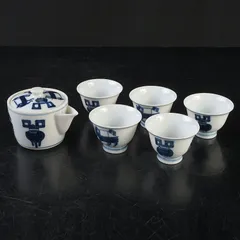 煎茶道具　京焼　平安栄山造　染付　宝瓶　煎茶碗五客　煎茶器セット　C　S653