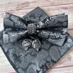 蝶ネクタイ 3点セット カフスボタン ポケットチーフ 新郎 ブラック シルバー