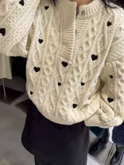 ハート刺繍ケーブル編みドットニット)デイリー ラブリー ハーフジップアップニット ウールニット ロマンチック ルーズフィット Kitsch