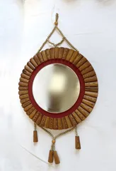 【直径36cm】木製フレーム　ウォールミラー　鏡　壁掛け　昭和レトロ　ビーズ　すだれ　ナチュラル
