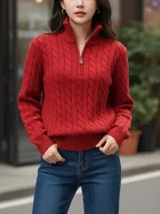 [ケーブルジップアップ] ケーブル編み ケーブル編み ハーフ ジップアップ ニット 半オープン KARA（カラ） ハイネック ニット