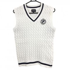 パーリーゲイツ ニットベスト 白×ネイビー ケーブル編み Vネック