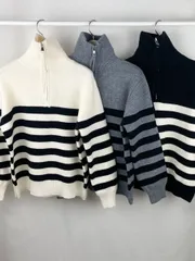 新作)ボーダー柄ハーフジップジップアップ 冬新作 ニットジップアップ (ボーダー柄 ハーフジップ ストライプ タートルネック)