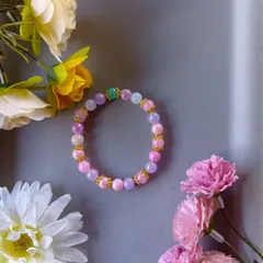 ハンドメイドビーズブレスレット／ピンク×パープル×マルチ＋ゴールドスペーサー／16cm／ユニセックス
