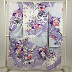 たんす屋 TANSU-YA 着物 リユース着物 振袖 アイボリー 紫 フォーマル 花車 袷 絹 未洗い 【身丈】151.5cm【裄丈】63cm MS7367