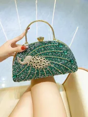 【超希少・最新作！】カラーは全5色展開 パーティーバッグ 孔雀 ラインストーン クラッチバッグ 結婚式 2way ハンドバッグ 華やか 豪華 キラキラ ビジュー 成人式 卒業式 ドレス バッグ  新品 未使用