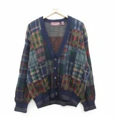 XL/古着 長袖 ニット カーディガン メンズ 90年代 90s ウール イタリア製 濃紺他 チェック 25dec13