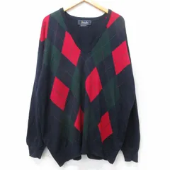 XL/古着 長袖 セーター メンズ 90年代 90s アーガイル 大きいサイズ ラムウール Vネック スコットランド製 紺他 25dec13