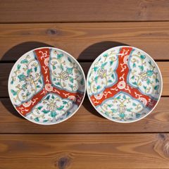 【2客セット】 古伊万里 色絵 丸皿 草花文図 赤絵 時代物 取り皿 盛り皿 飾り皿 伊万里 和食器 骨董品 アンティーク