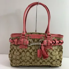 04w5909▽※【中古】COACH コーチ F13065 シグネチャー ハンプトンズ キャリオール ハンドバッグ ショルダーバッグ キャンバス レザー ピンクｘベージュ【八王子店】