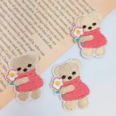 アイロンワッペン ミニくま ピンク 39mm×28mm 2枚セット W-05 刺繍ワッペン 手芸 アップリケ 入園 入学 子供 ハンドメイド ビーズクラブ