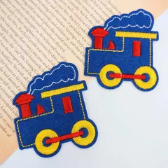 アイロンワッペン 汽車  52mm×54mm 2枚セット W-16 乗り物 ブルー  刺繍ワッペン 手芸 アップリケ 入園 入学 子供 ハンドメイド ビーズクラブ