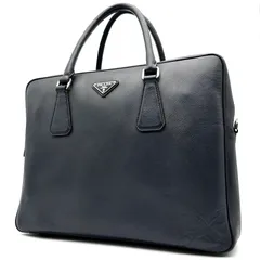 美品 PRADA プラダ ブリーフケース ビジネスバッグ 三角ロゴ プレート 白タグ 手持ち 大容量 多収納 A4 PC収納可能 メンズ ネイビー