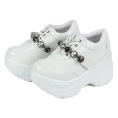 訳あり B品 厚底スニーカー レディース 痛くない 疲れない ビジュースニーカー ダッドシューズ 白  靴紐  韓国 地雷  ビジュー 軽量 キラキラ 歩きやすい メッシュ レースアップ 9cmヒール ローカット レザー 合成皮革 No.1674 ラブハンター