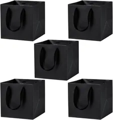 ideamall 紙袋 厚手 正方形 ギフトバッグ マチ広 ギフト用 20x20x20cm 5枚セット (ブラック,  20x20x20cm)