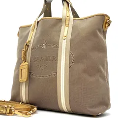 美品 PRADA プラダ 2way トートバッグ ショルダーバッグ ジャガード 手持ち 斜め掛け 大容量 多収納 A4収納可 白タグ レディース ベージュ ゴールド