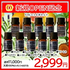 ✨人気アロマオイル 精油 10本セット（ラベンダー・オレンジ・グレープフルーツ・レモン・ペパーミント・ティートゥリー・ユーカリ・ローズマリー・レモングラス・ヒノキ　各5mL）｜天然100％エッセンシャルオイル