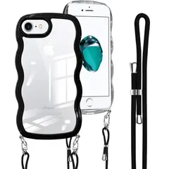 iPhone SE 用の ケース ショルダー ストラップ iPhone SE2 SE3 用の カバー クリア 斜めかけ 肩掛け iPhone8 iPhone7 用の 韓国 アイフォン SE 第3世代 第2世代 スマホケース ブラック