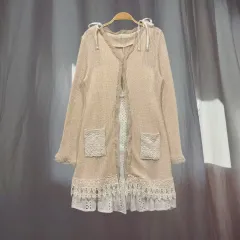 日本 ヴィンテージ ベージュ フリル レース ワンボタン ロング カーディガン 森ガール グランジ