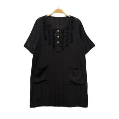 (未使用) 日本 ヴィンテージ ブラック フリル 半袖 コットン ブラウス