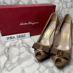 【良品】サルヴァトーレフェラガモ SALVATORE FERRAGAMO パンプス レザー ベージュ リボンデザイン 7 1/2 約24.5cm ヒール10.5cm