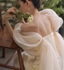 オフショルダー ドレス アイボリー パフ スリーブ ドレス