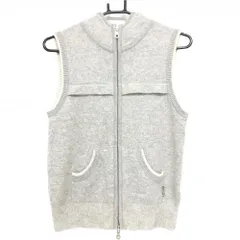 【美品】ランバンスポール フード付ニットベスト 杢ライトグレー×アイボリー カシミヤ100％ レディース 38(M) ゴルフウェア LANVIN SPORT