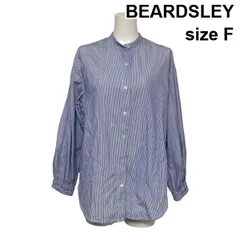 ◇ ビアズリー BEARDSLEY ストライプシャツ ブラウス 長袖 バンドカラー ビッグシルエット ブルー コットン100 サイズF レディース S6A489