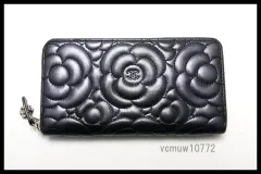 ■CHANEL 24番台 カメリア SV金具 レザー ラウンドファスナー 長財布 シャネル ■0122jk1652-10K