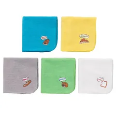 【新着商品】B-PLAID ハンカチ 5枚セット 今治タオル 日本製 パン刺繍 約25×25cm 速乾 吸水 綿100% シャーリング生地 女の子 男の子 レディース ホワイト+イエロー+グリーン+スカイブルー+グレー アソート5色01